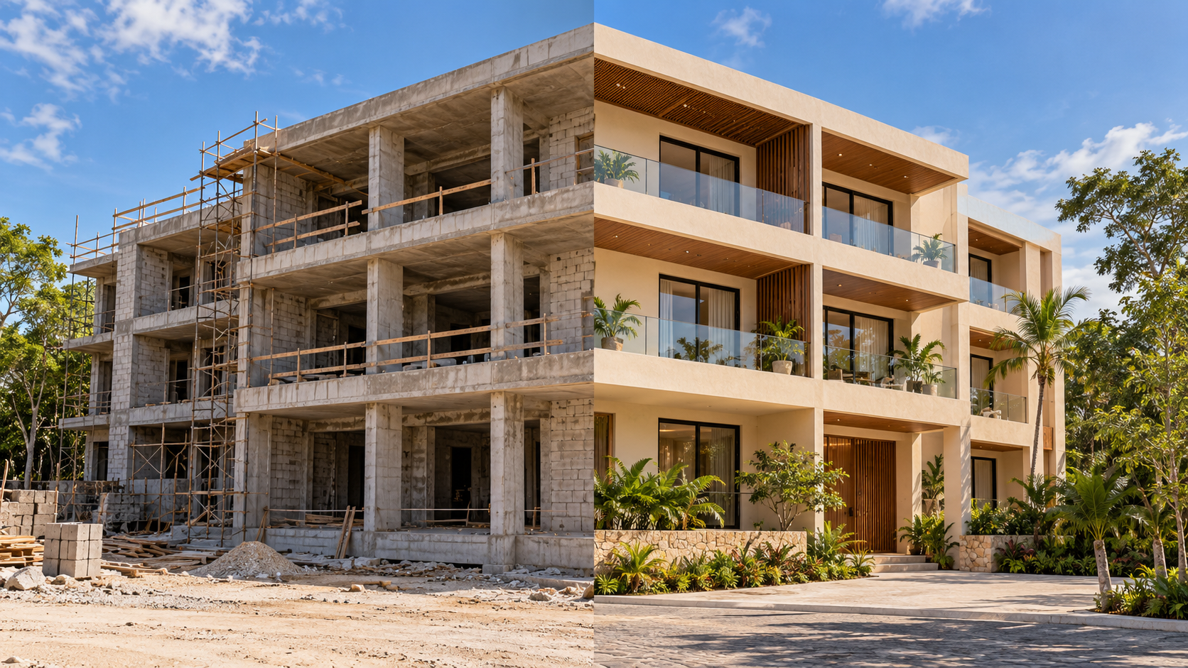Comparación conceptual de un edificio: mitad en construcción y mitad terminado